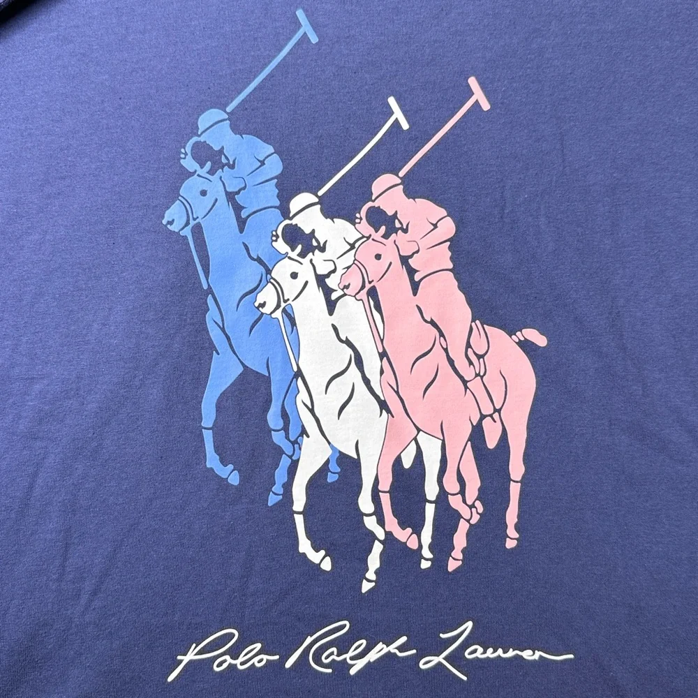 Polo Ralph Lauren 3 Big Pony Jersey Hooded T Shirt‎ Hoodie XXL Navy Long Sleeve